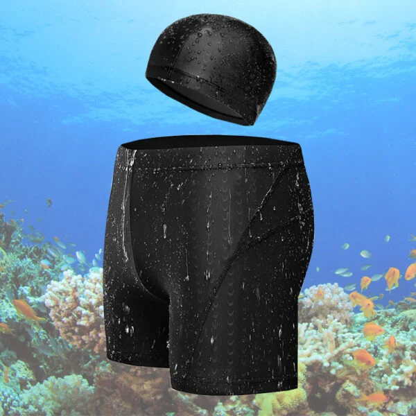 Mens Shark Skin Swimming Trunks with Cap