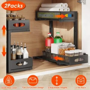 Under Sink Organizer 2 Tier Pull Out Cabinet Baskets Storage
