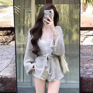Women Lazy Style Hollow Out Knitted Cardigan Loose Tie Up Outerwear