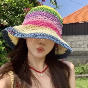 Foldable Rainbow Straw Hat with Wide Brim