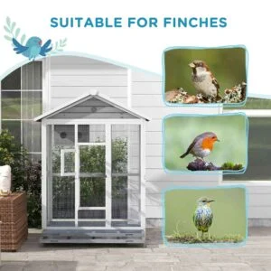 64.5″ Wooden Bird Cage Aviary, Flight Cage with 4 Perches, Nest and Slide-Out Tray for Indoor/Outdoor, Gray