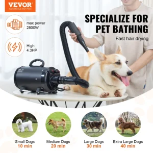 Dog Dryer, 2800W/4.3HP Dog Blow Dryer, Pet Grooming Dryer With Adjustable Speed And Temperature Control, Pet Hair Dryer With 4 Nozzles And Extendable Hose, Black