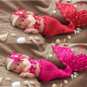 Newborn Mermaid Knitted Photo Outfit 3-Piece Set