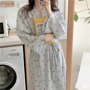 Plaid Cherry Nightgown Long Sleeve Loungewear