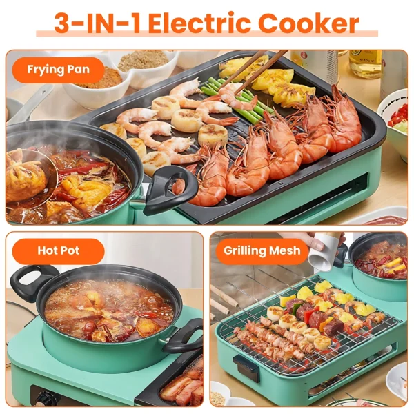 3 in 1 Electric Pot with Grill 1600W Smokeless Non-Stick Kor