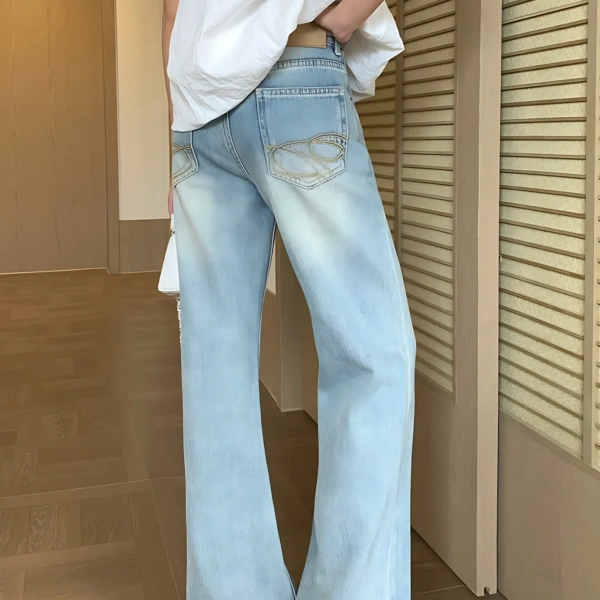 Washed Retro Wide-Leg Denim Pants for Women