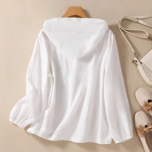 Cotton and Linen Shirts for Women in Spring and Autumn, Large Size Loose Shirts for Plus-Size Women, Hooded Cardigans, Long-Sleeved Tops, Casual and Versatile