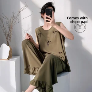 Cotton Silk Pajama Set for Women Sleeveless Loungewear