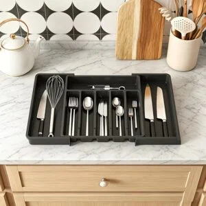 Expandable Utensil Tray For Kitchen, BPA Free Flatware And Cutlery Holder, Adjustable Plastic Storage For Spoons Forks Knives