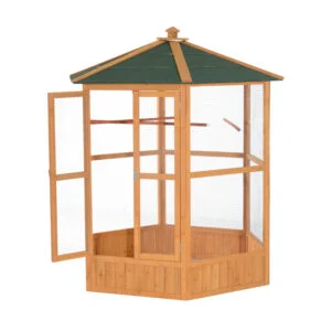 69″ Wooden Hexagonal Outdoor Aviary Flight Bird Cage With Covered Roof, Brown
