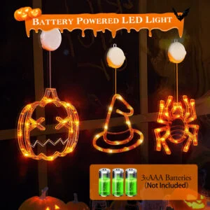 Set Of 3 Pack Halloween Window Light Spider Witch Hat Pumpkin With Orange Light Hanging Halloween Decoration Light With