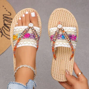 Women's Straw Flower Wedge Flip-Flops