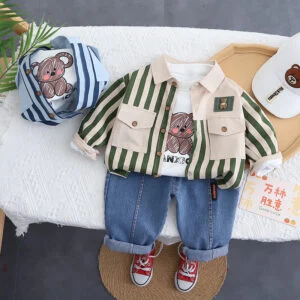 Boys Striped Bear Shirt and Pants 3-Piece Set