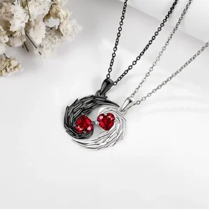 Couple Two-color Heart Pendant Necklace with Feather Wings