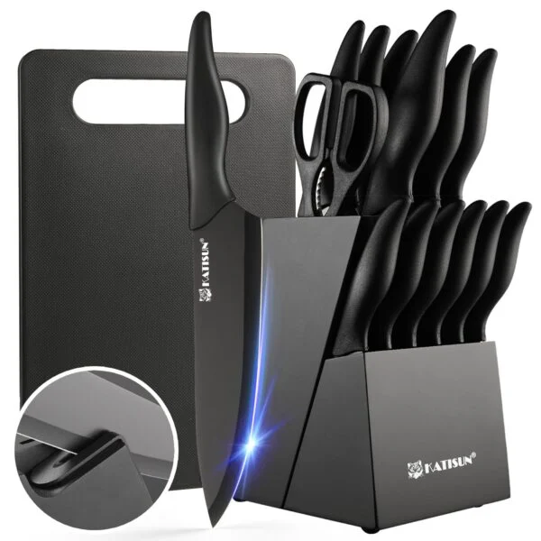 16 Pieces Kitchen Knife Block Set With Cutting Board, German Stainless Steel Knife Set With Sharpener, Dishwasher Safe,