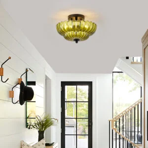 Semi Flush Mount Ceiling Light, Green Glass Ceiling Light Fixture, 3-Bulb Modern Black Close to Ceiling Light, Vintage Glass Ceiling Lights for Bedroom Kitchen Living Room, Bulb Not Included