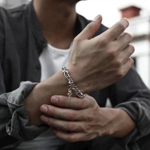 Men’s Retro Silver Bracelet with Cross and Star Design