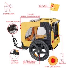 Yellow Outdoor Heavy Duty Foldable Practical Pet Stroller Dog Carrier With Bicycle Tow