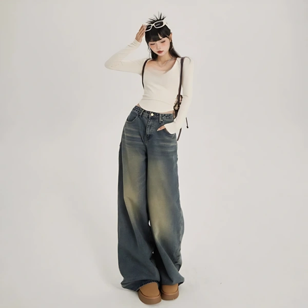 Womens High Waist Wide Leg Denim Pants