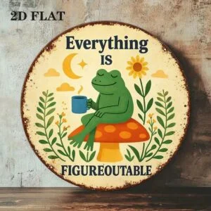 Vintage Frog Mushroom Round Sign 8x8in Cute Farmhouse Wall D