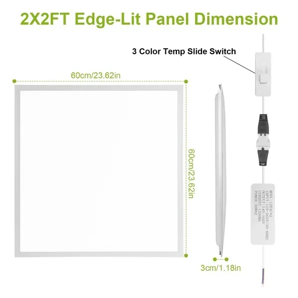 2Pcs 72W 2×2FT LED Panel Light 3800LM Flat Ceiling Light With 3 Lighting Color Temperature Equivalent LED Troffer Recessed Edge-Lit Switchable CCT 110V-260V GPCT1664