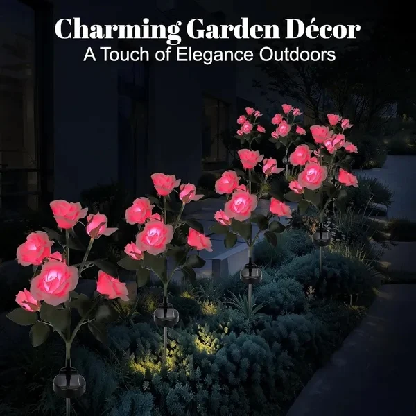 Solar Rose Lights Outdoor, 2 Pack With 14 Rose Flowers Waterproof Color Changing LED Flower Lights, Solar Powered Garden