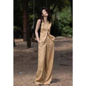 Ramie Cotton Wide Leg Pants Set