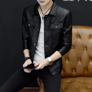 Men's PU Leather Jacket Slim Fit Lapel Outerwear