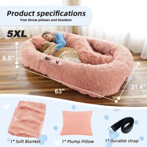 Human Dog Bed, Large Size Fits You And Pets, Washable Faux Fur Dog Bed For People Doze Off, Napping Orthopedic Dog Bed, Present Plump Pillow, Blanket, Strap