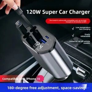 120W Retractable-Cable Car Charger with Digital Display
