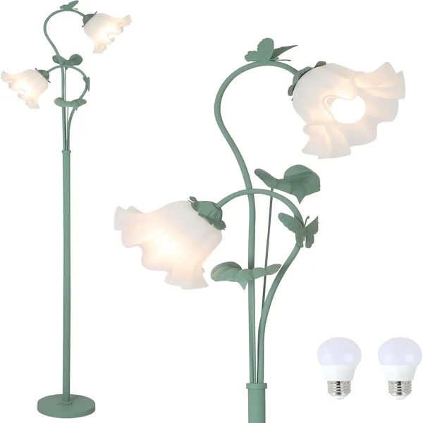 Flower Floor Lamp For Living Room, Vintage Floor Lamp With 2 LED 5W Blubs, Foot Switch, Green Standing Lamp With Acrylic