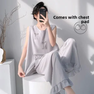 Cotton Silk Pajama Set for Women Sleeveless Loungewear
