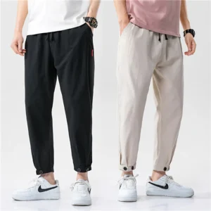 Straight Casual Trousers Loose Linen Cropped Sports Men’s Pants