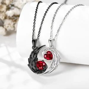 Couple Two-color Heart Pendant Necklace with Feather Wings