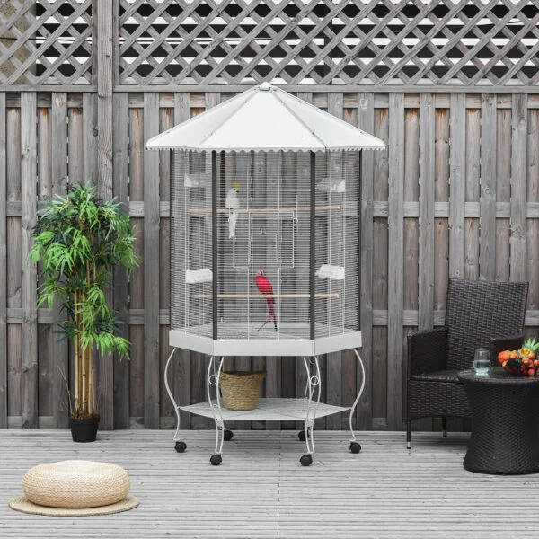 77″ Flight Bird Cage Hexagon Covered Canopy Portable Aviary With Storage