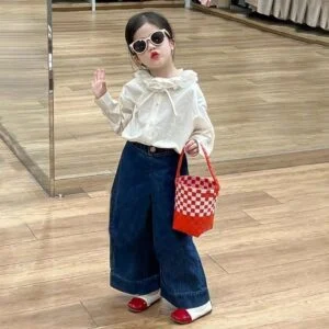 Girls Ruffle Shirt and Wide-Leg Jeans Set