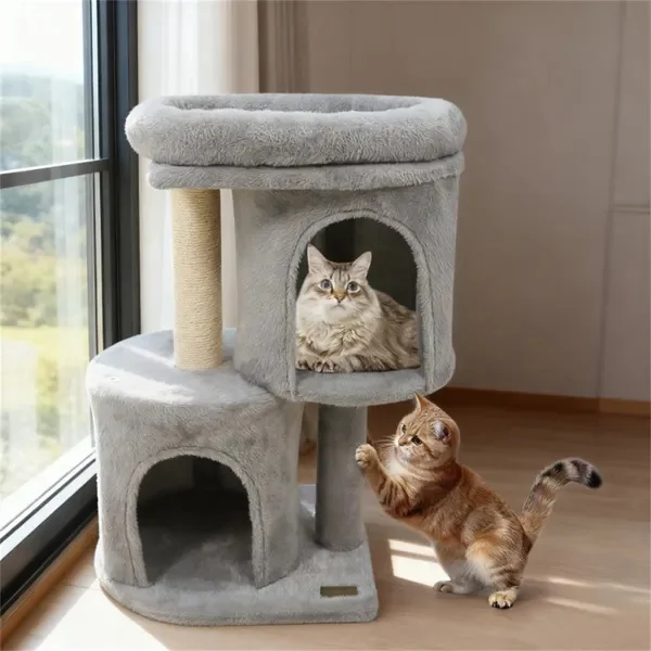 26″ Compact Cat Tree With 2 Condos & Sisal Scratching Posts, Anti-Tip Cat Tower For Small Spaces