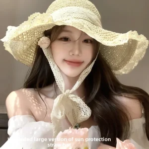 Women's Straw Sun Hat with Lace Trim
