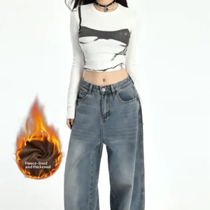 Vintage Washed Fleece Lined High Waist Wide Leg Pants