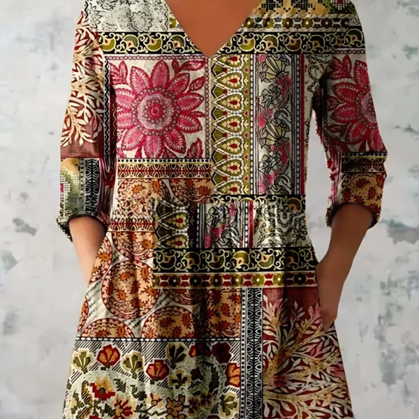 Printed Women V Neck Tops Long Sleeve Loose T Shirt