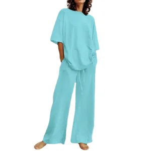 Casual Belt Pocket Set Half Sleeve O Neck Top and Wide Leg Pants Set