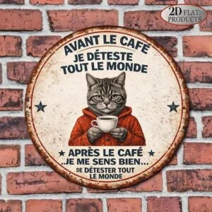 8x8in Vintage French Lover Cat Round Metal Sign Cafe Wall Decor