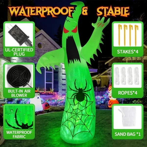12FT Halloween Inflatables Decoration Giant Ghost With 3-Colored Flame Rotation LED Light Spooky Halloween Decorations