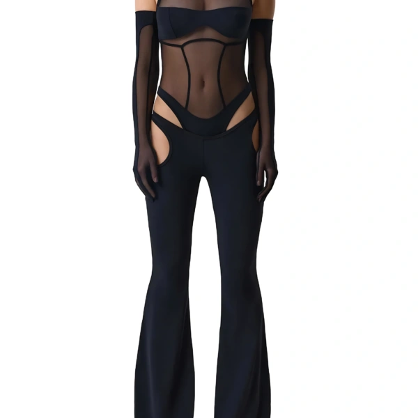 Sleeveless Hollow Out Mesh Jumpsuit Flared