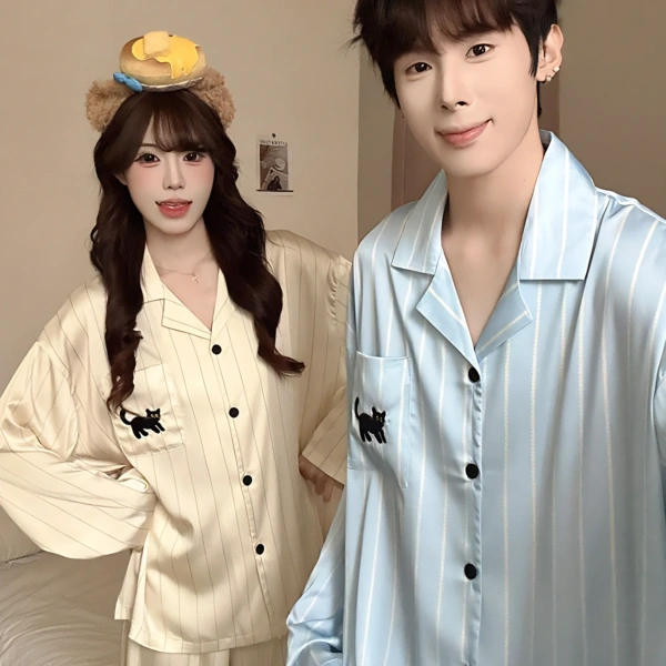 Cat Print Couple Pajama Ice Silk