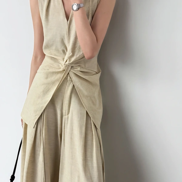 Women's Linen Vest and Wide-Leg Pants Set