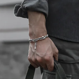 Men's Retro Silver Bracelet with Cross and Star Design