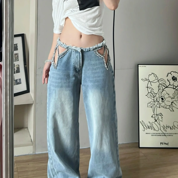 Star Hollow-Out Rhinestone Jeans Loose Wide-Leg Pants