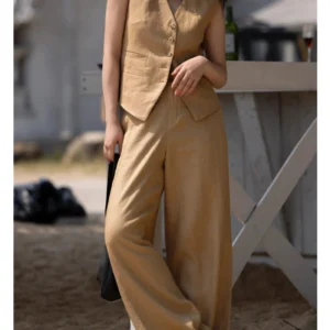 Ramie Cotton Wide Leg Pants Set