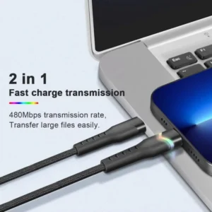65W Fast Charging USB-C to USB-C Durable Nylon Braided Cable 3FT with LED Light Compatible with All Phone Models